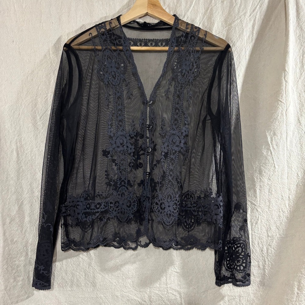 Black Sheer Lace Mesh Whimsy Goth Button Front Long Sleeve Top Cardigan